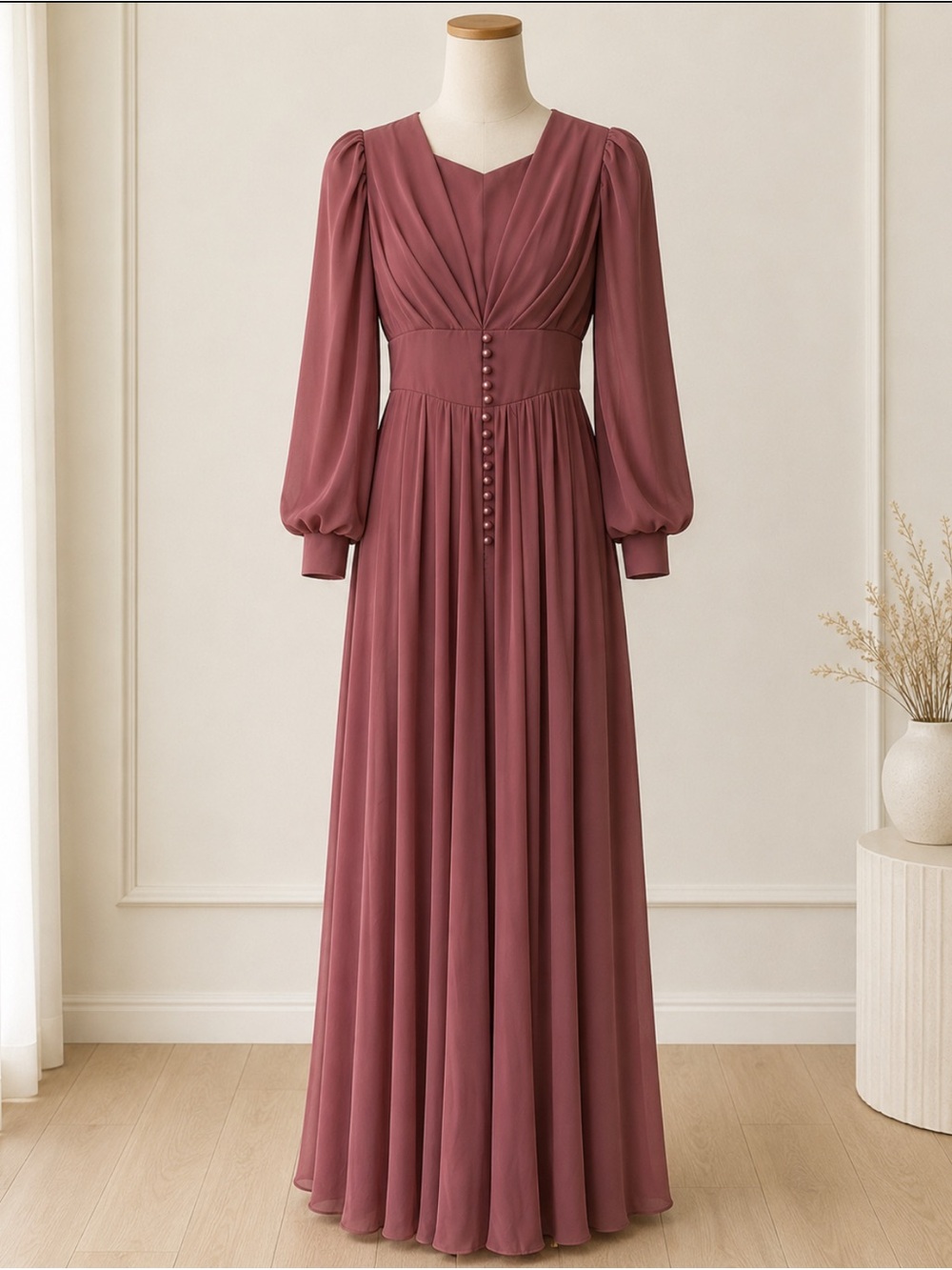 Elegant Dusty Rose Long Sleeve Maxi Dress